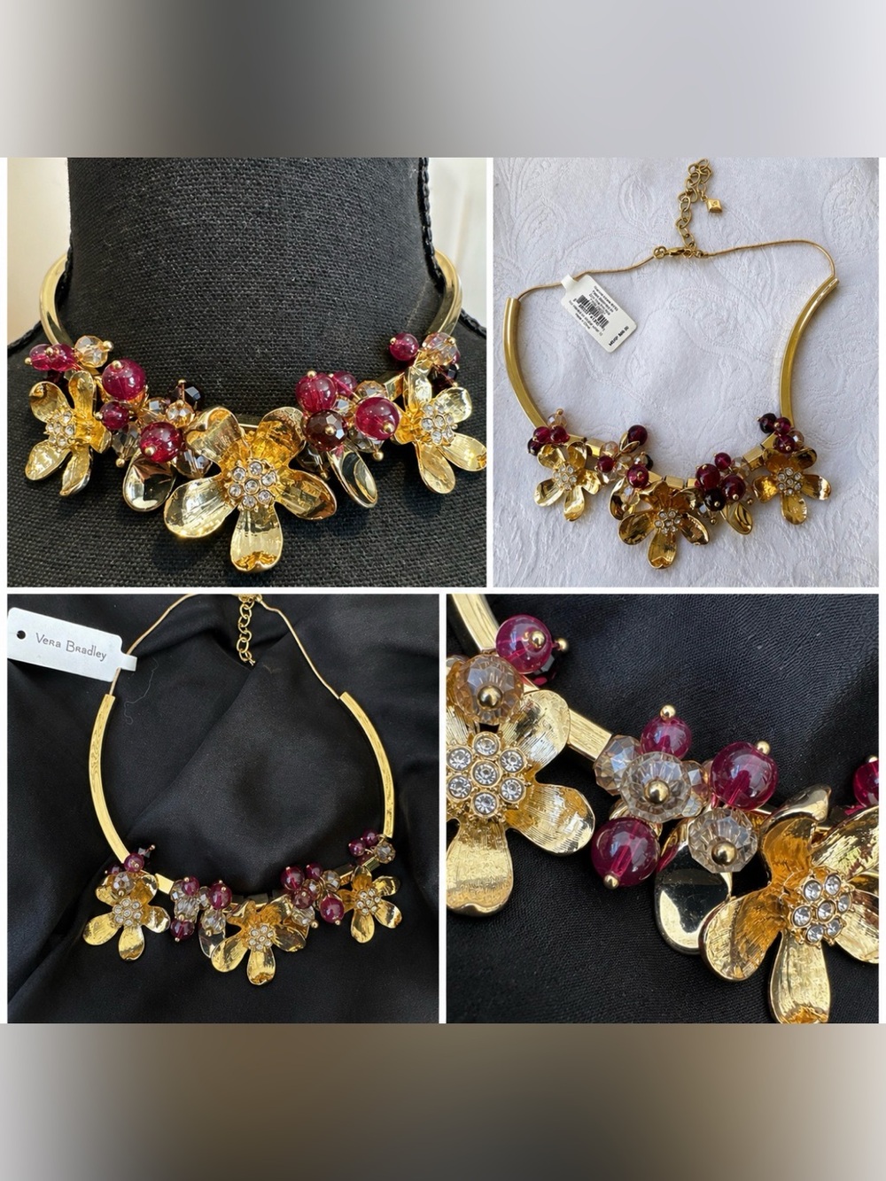 Vera Bradley Goldtone Flowers Pink Bead CZ 16" Statement Necklace NEW